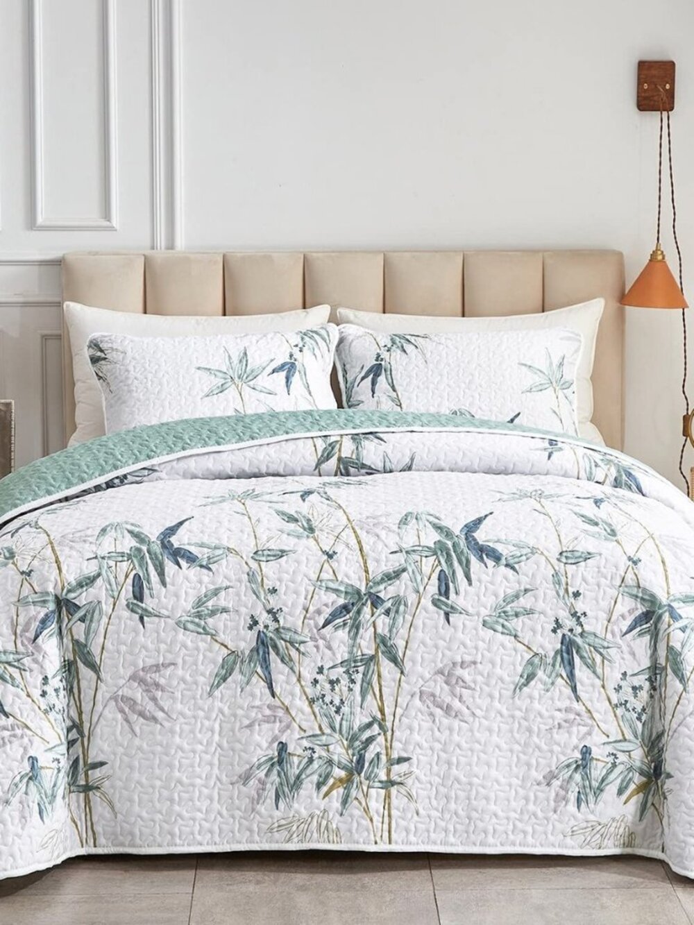 Botanical Quilt Set 3 Pieces Full/Queen Size, Green Leaves Printed on White